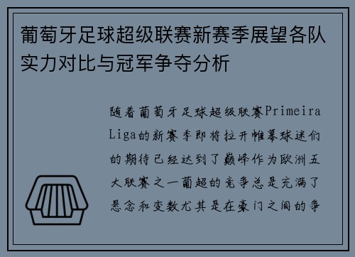 葡萄牙足球超级联赛新赛季展望各队实力对比与冠军争夺分析