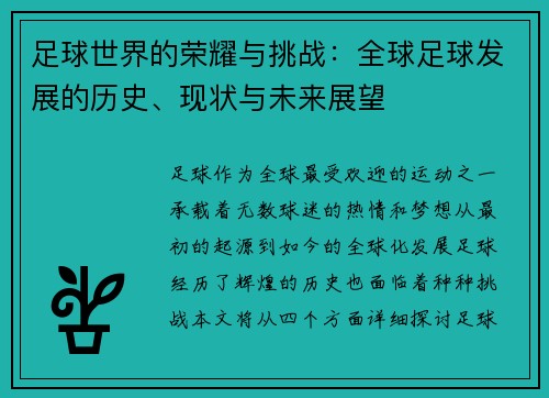 足球世界的荣耀与挑战：全球足球发展的历史、现状与未来展望