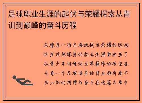 足球职业生涯的起伏与荣耀探索从青训到巅峰的奋斗历程