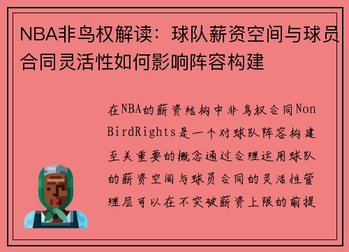 NBA非鸟权解读：球队薪资空间与球员合同灵活性如何影响阵容构建